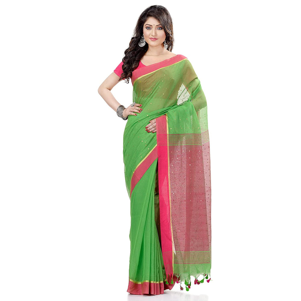 Women's Tant Silk Handloom Green Cotton Saree Sequence Work