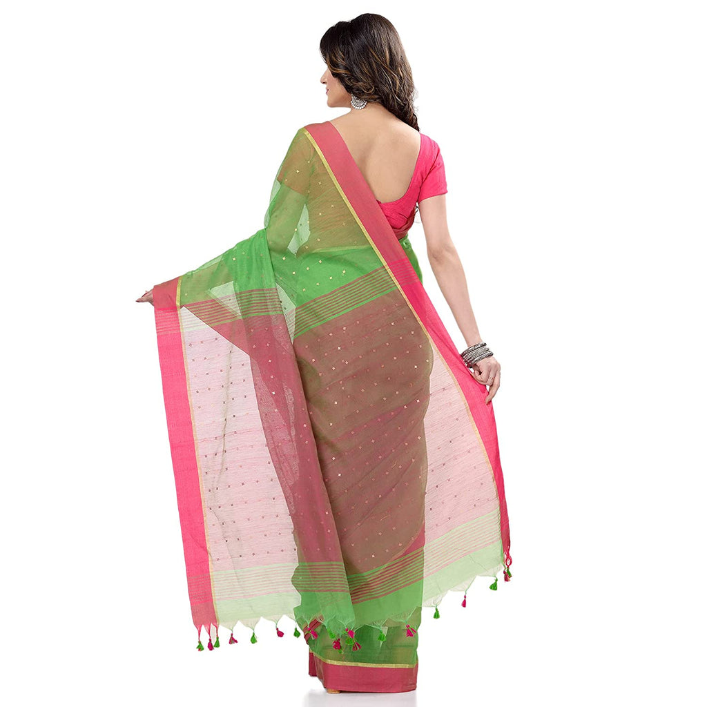 Women's Tant Silk Handloom Green Cotton Saree Sequence Work