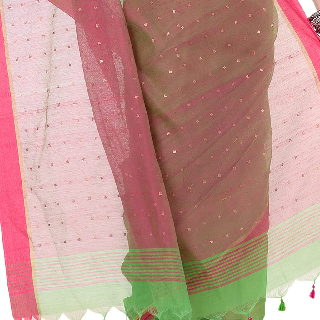 Women's Tant Silk Handloom Green Cotton Saree Sequence Work