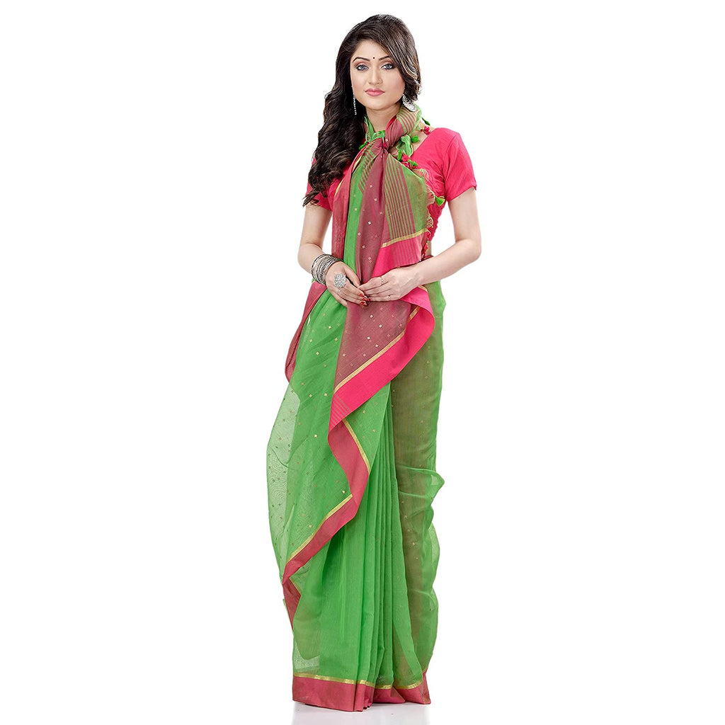 Women's Tant Silk Handloom Green Cotton Saree Sequence Work