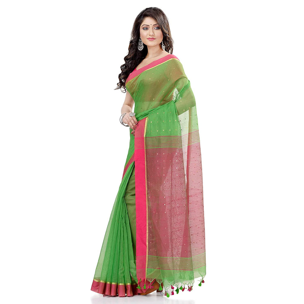 Women's Tant Silk Handloom Green Cotton Saree Sequence Work