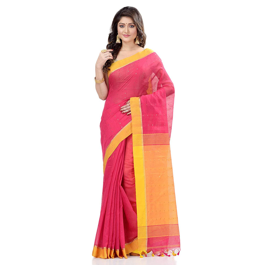 Women's Tant Silk Handloom Pink Cotton Saree Sequence Work
