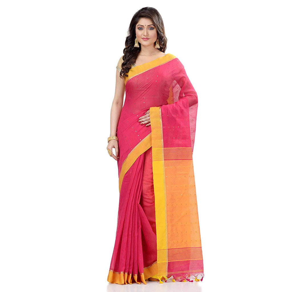 Women's Tant Silk Handloom Pink Cotton Saree Sequence Work