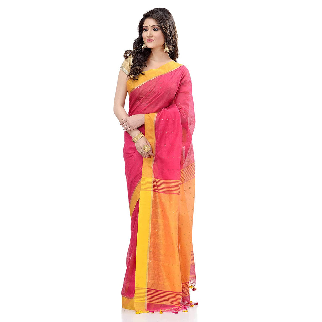 Women's Tant Silk Handloom Pink Cotton Saree Sequence Work