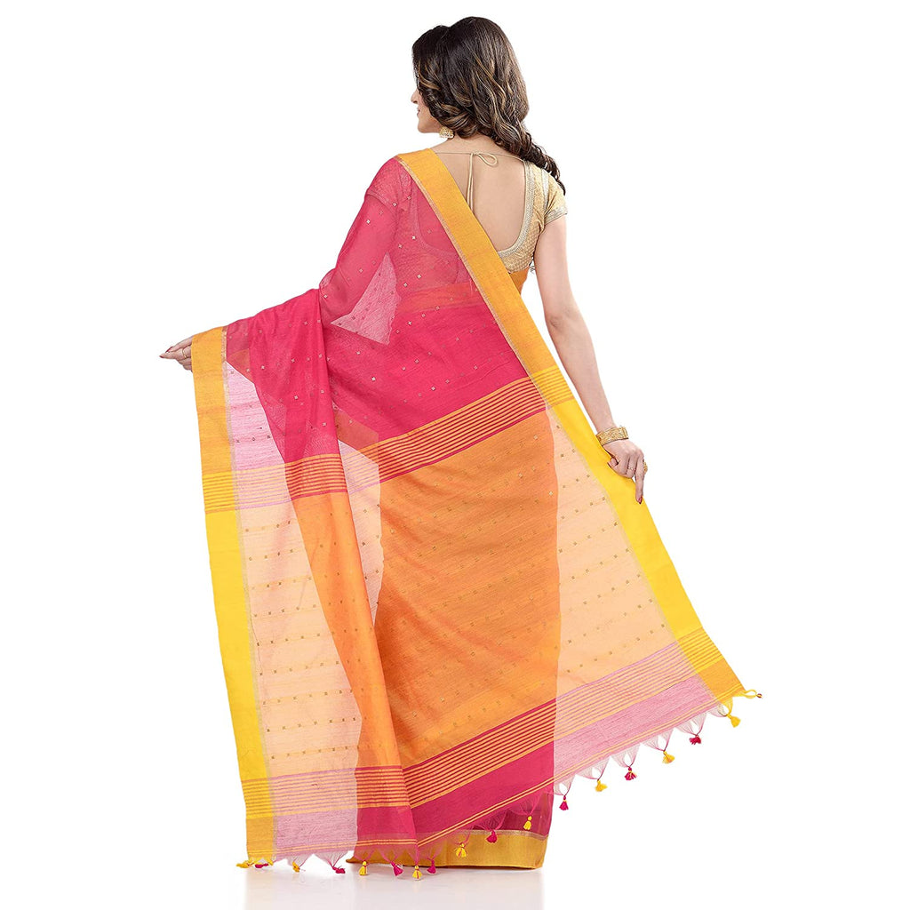 Women's Tant Silk Handloom Pink Cotton Saree Sequence Work