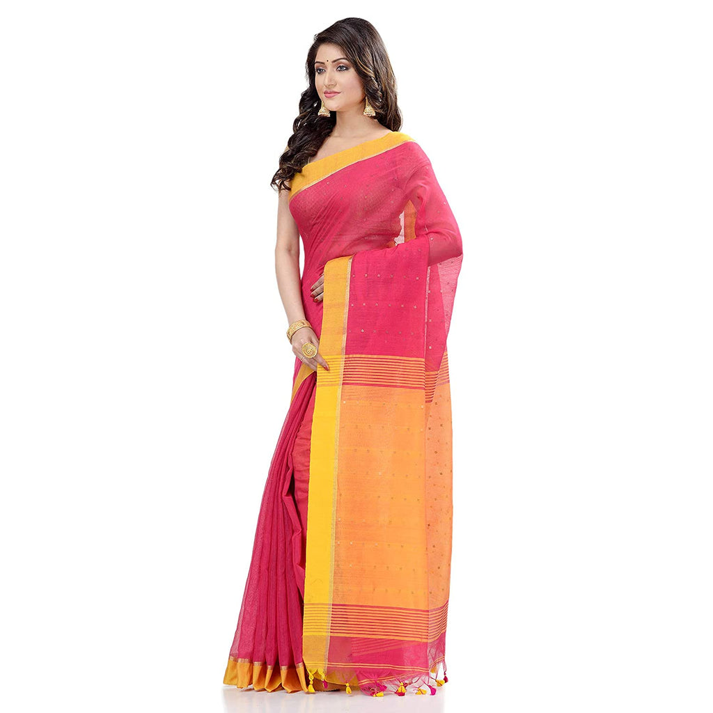 Women's Tant Silk Handloom Pink Cotton Saree Sequence Work