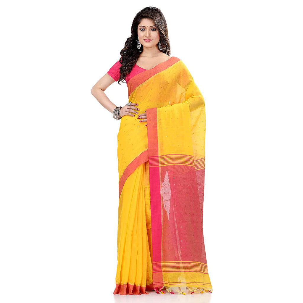 Women's Tant Silk Handloom Yellow Cotton Saree Sequence Work