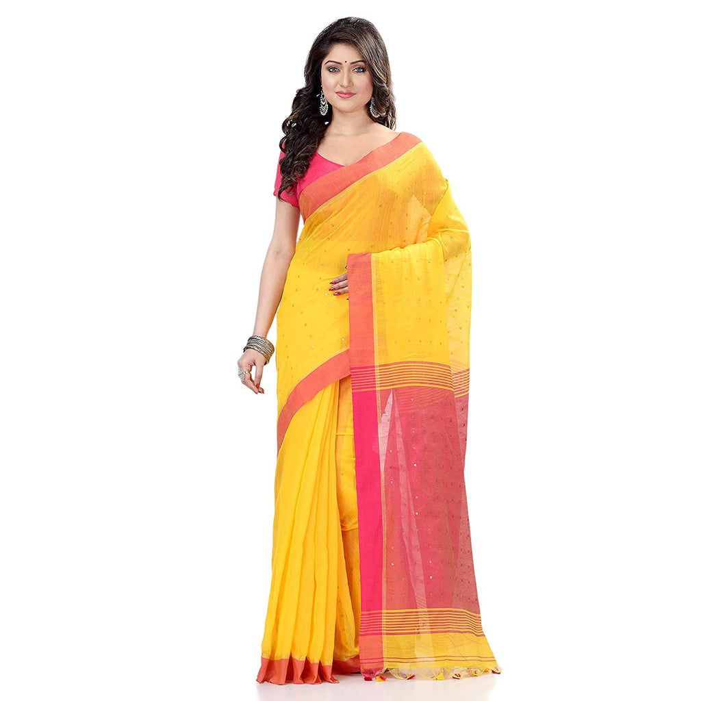 Women's Tant Silk Handloom Yellow Cotton Saree Sequence Work