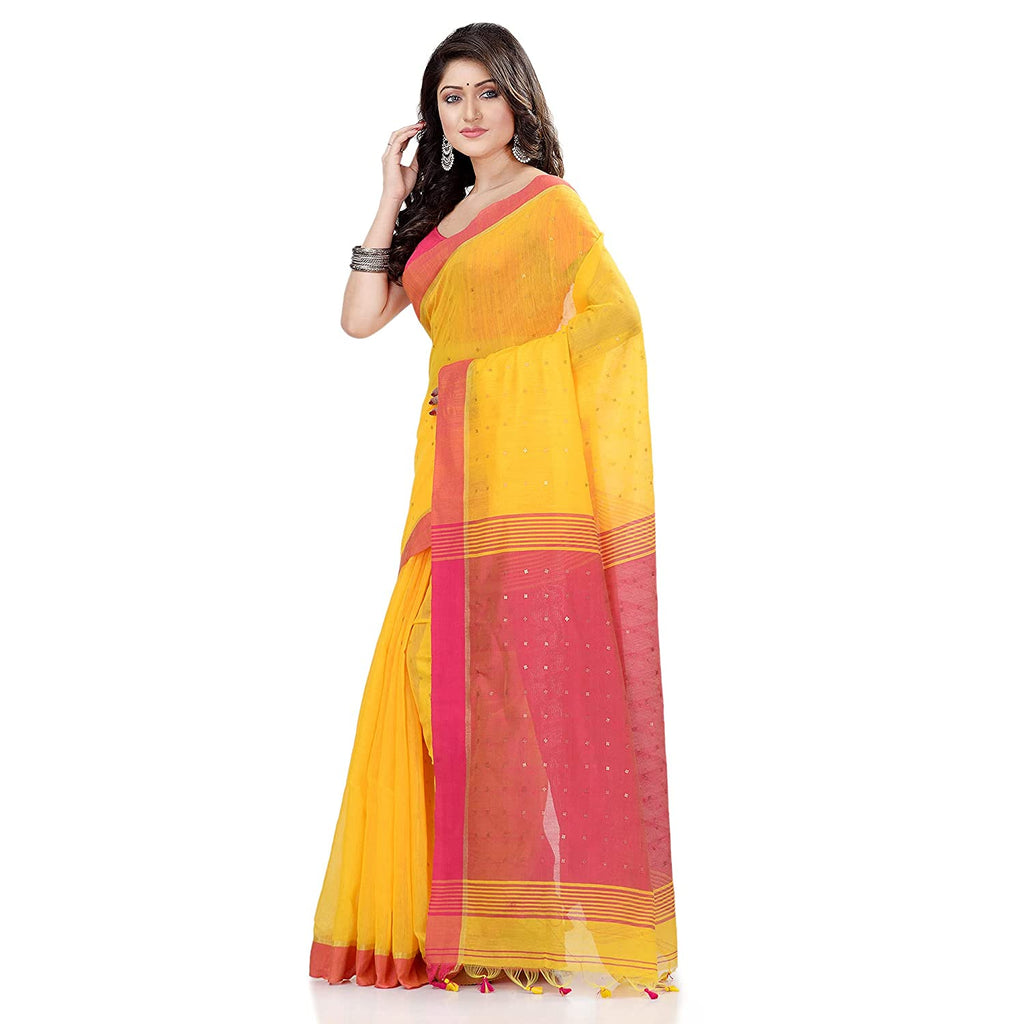 Women's Tant Silk Handloom Yellow Cotton Saree Sequence Work