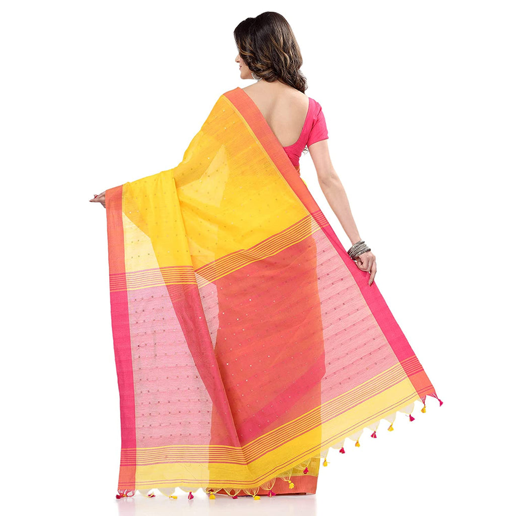 Women's Tant Silk Handloom Yellow Cotton Saree Sequence Work