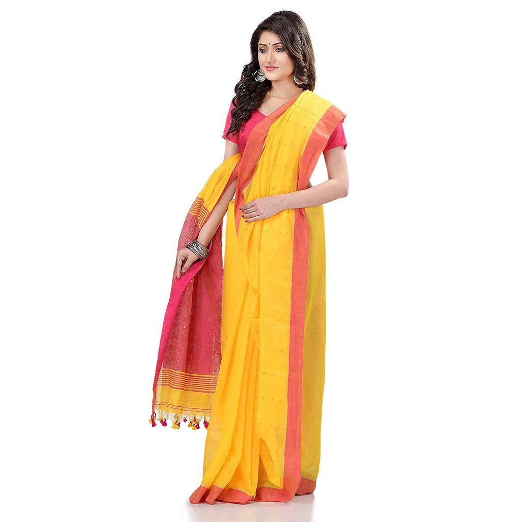 Women's Tant Silk Handloom Yellow Cotton Saree Sequence Work