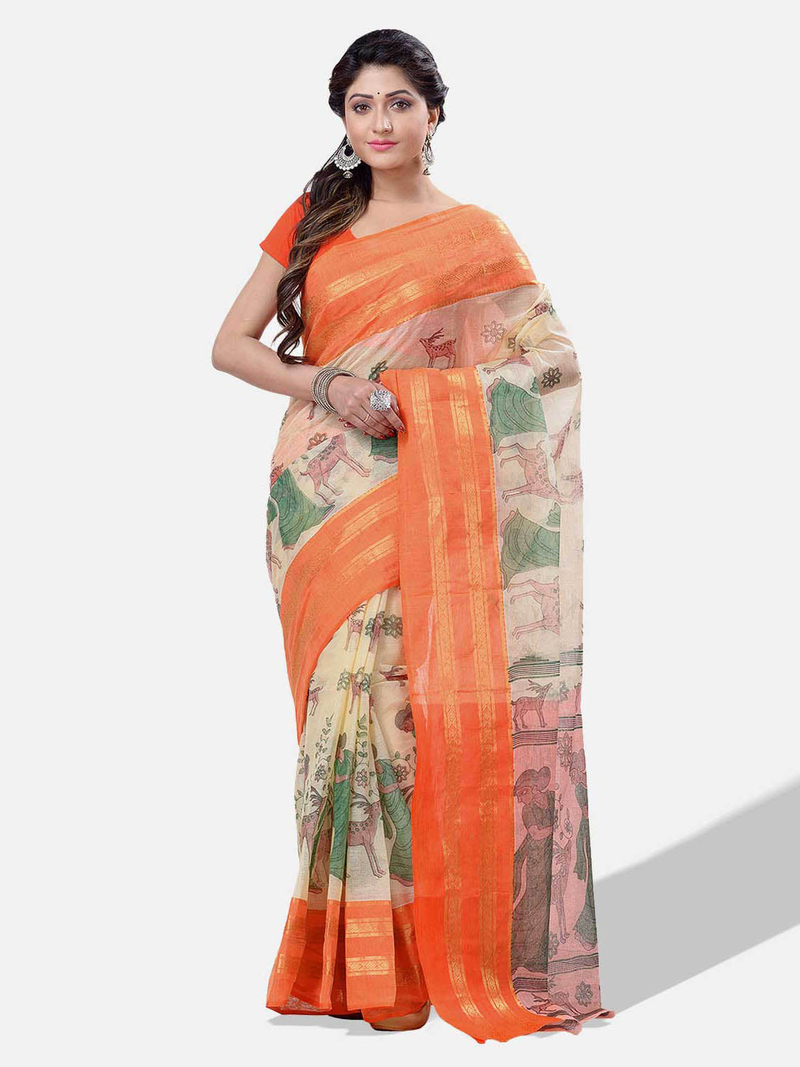 Women's Bengal Printed Orange Cotton Tant Saree - Piyari Fashion