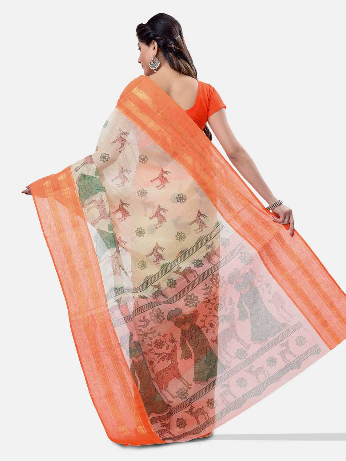 Women's Bengal Printed Orange Cotton Tant Saree - Piyari Fashion