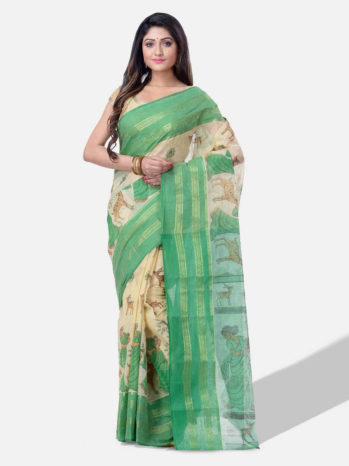 Women's Bengal Printed Green Cotton Tant Saree - Piyari Fashion