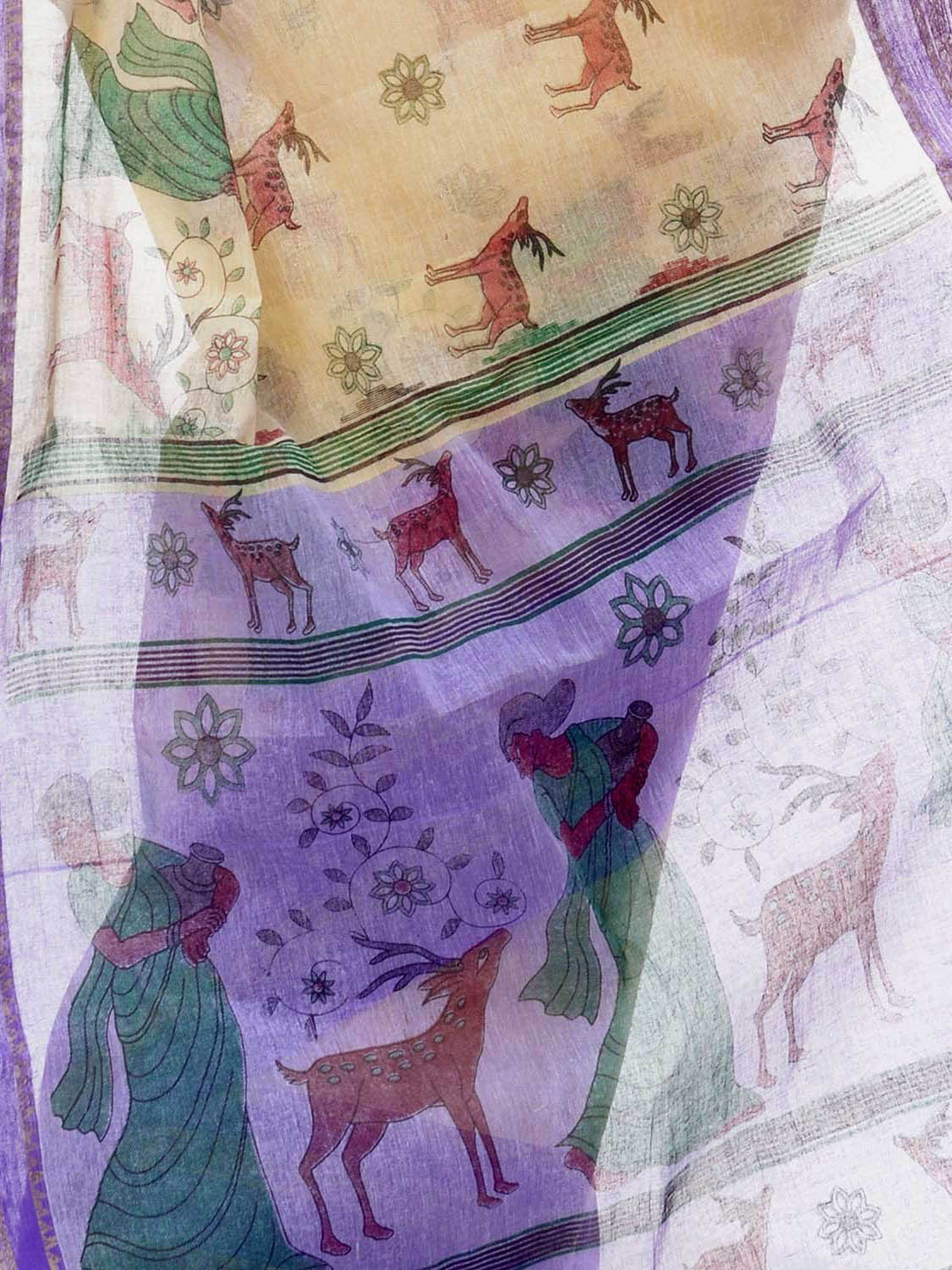 Women's Bengal Printed Purple Cotton Tant Saree - Piyari Fashion