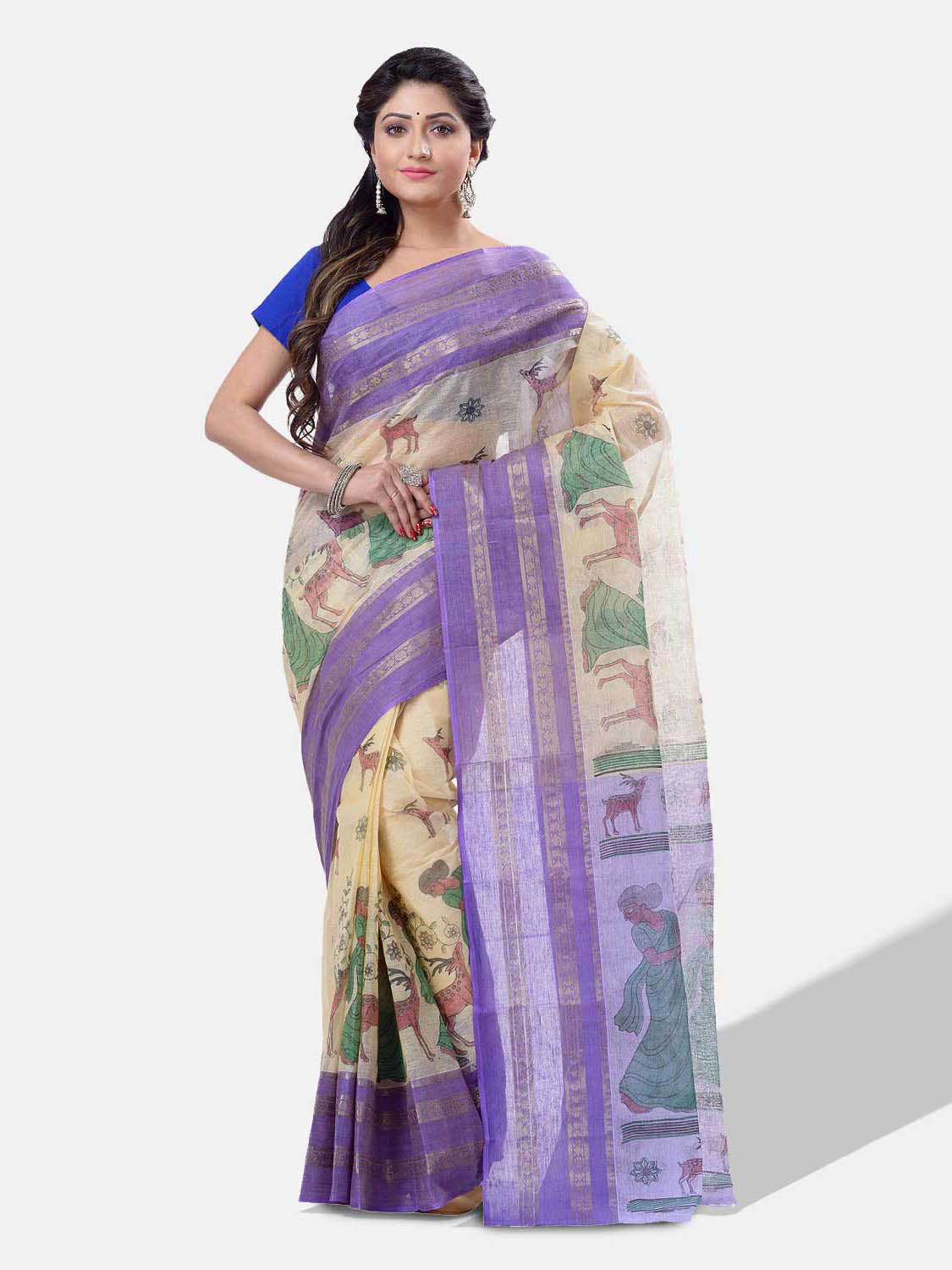 Women's Bengal Printed Purple Cotton Tant Saree - Piyari Fashion