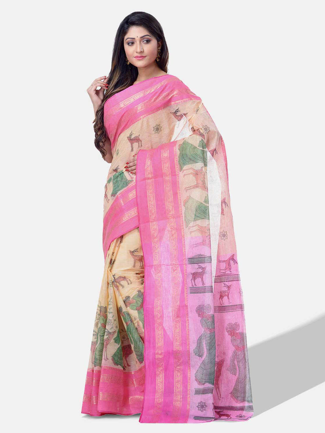 Women's Bengal Printed Pink Cotton Tant Saree - Piyari Fashion