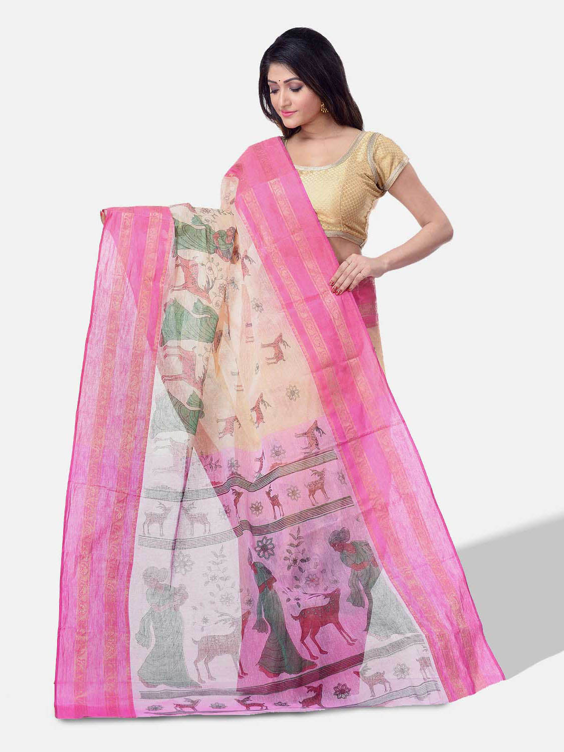 Women's Bengal Printed Pink Cotton Tant Saree - Piyari Fashion