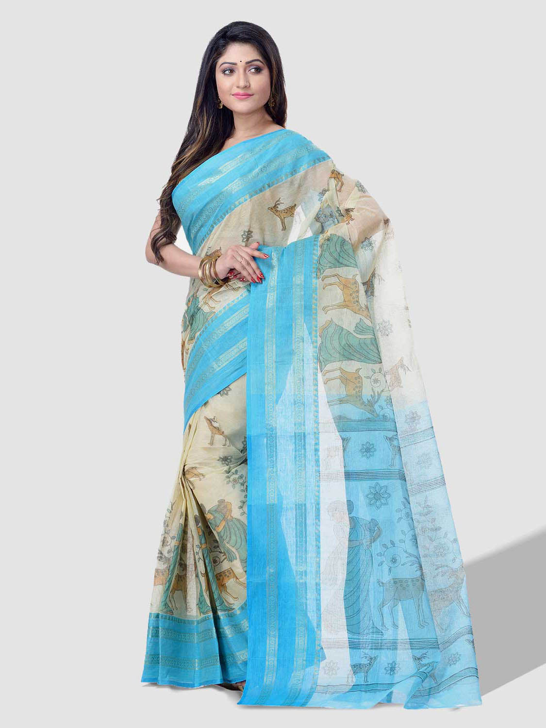 Women's Bengal Printed Sky Blue Cotton Tant Saree - Piyari Fashion