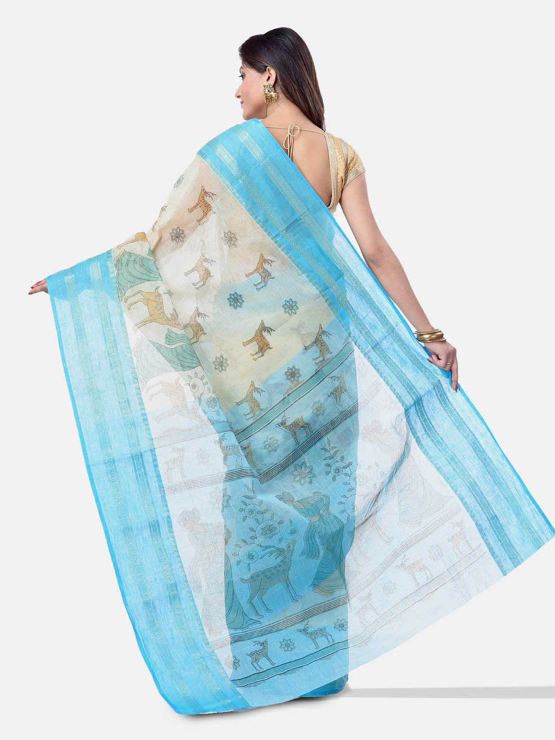 Women's Bengal Printed Sky Blue Cotton Tant Saree - Piyari Fashion