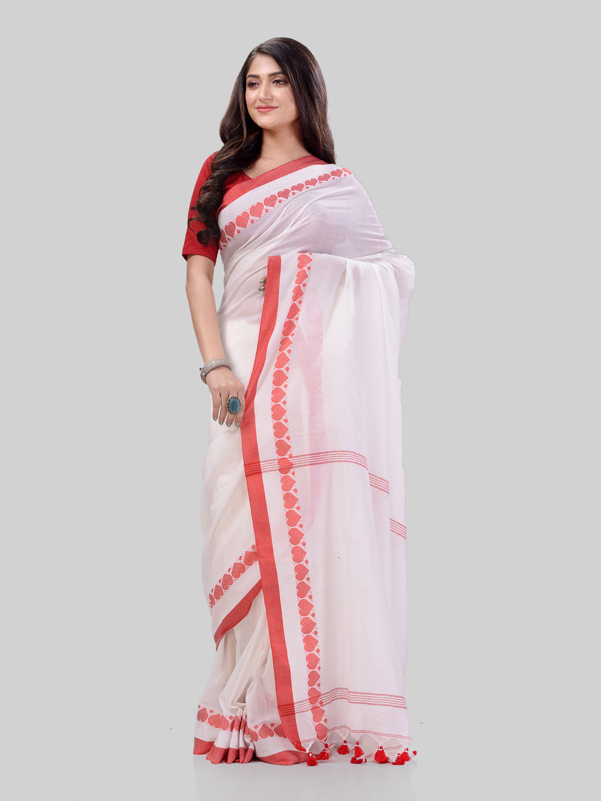 Women's Traditional Bengali Tant Handloom White Cotton Saree - Piyari Fashion