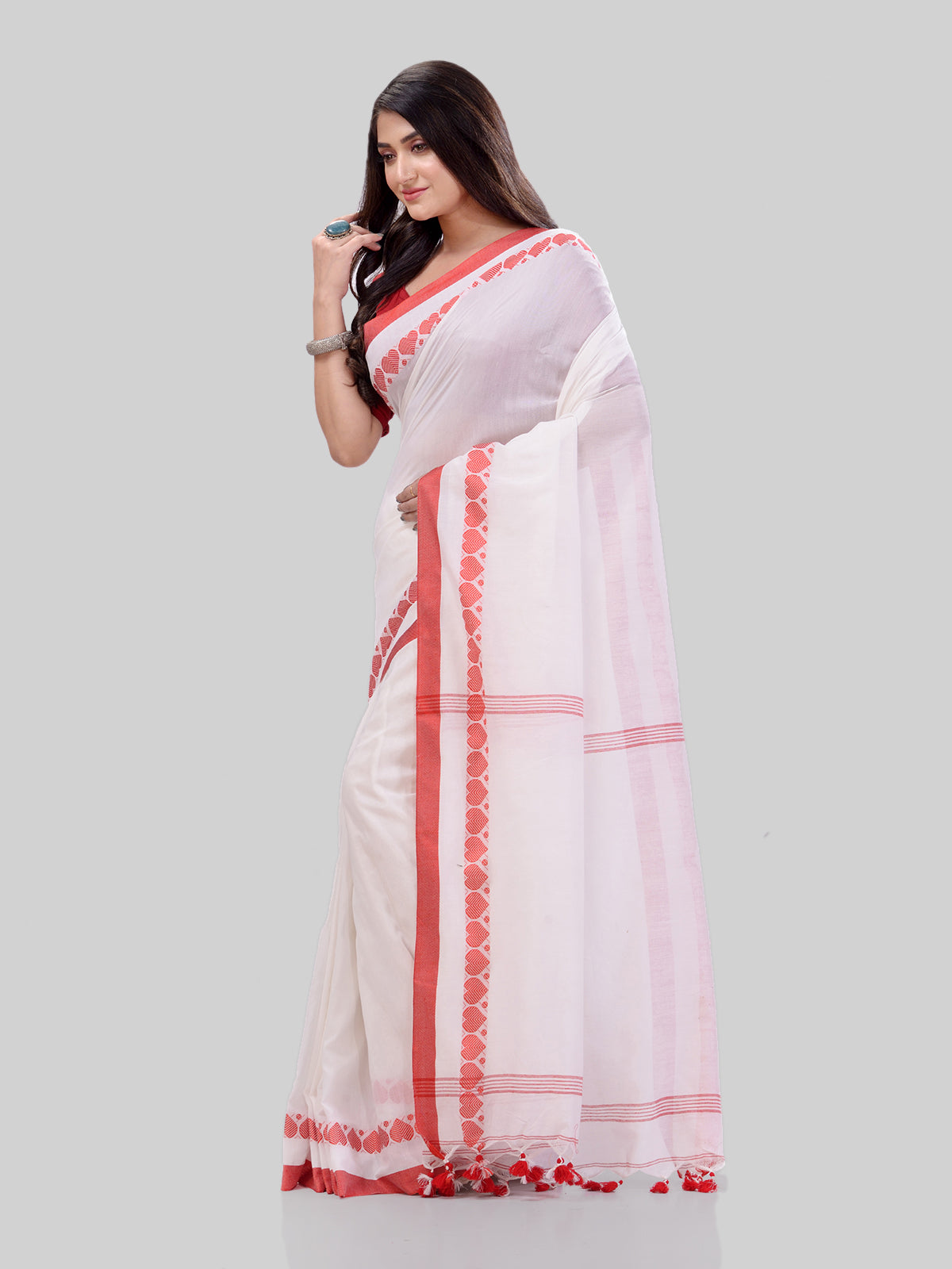 Women's Traditional Bengali Tant Handloom White Cotton Saree - Piyari Fashion