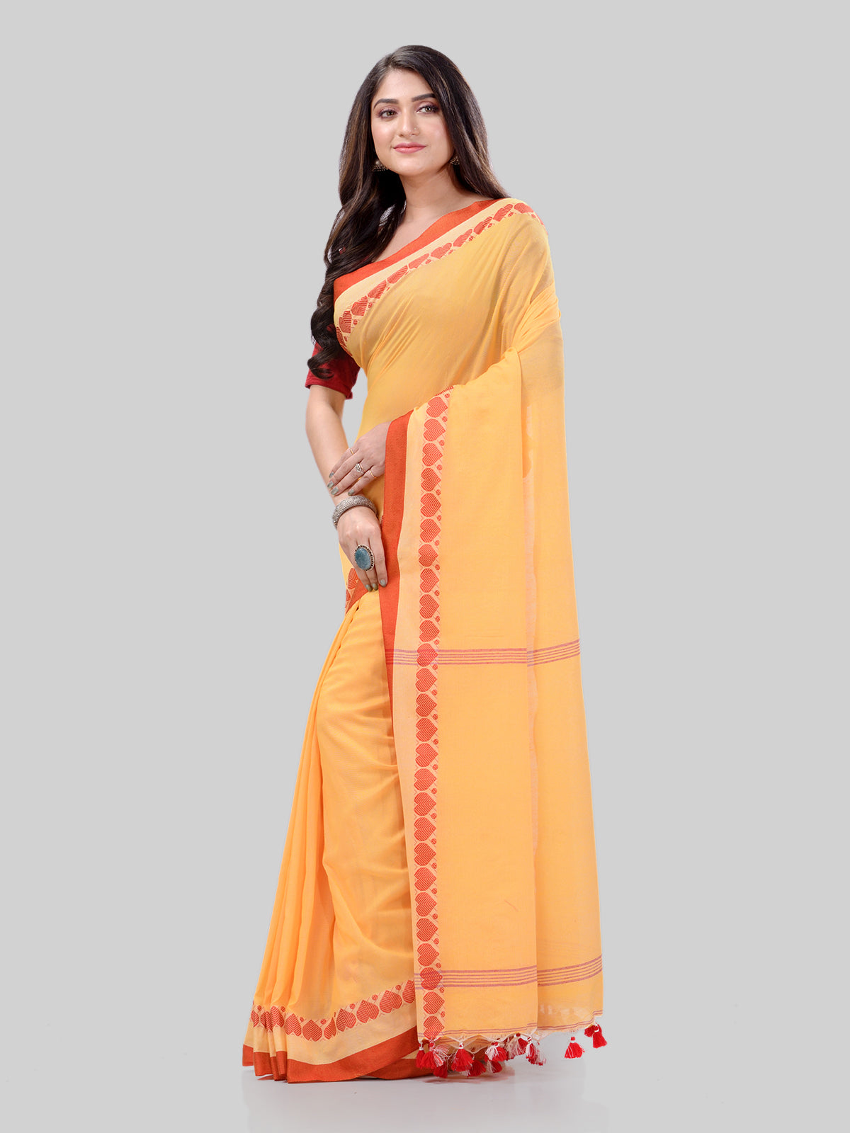 Women's Traditional Bengali Tant Handloom Yellow Cotton Saree - Piyari Fashion