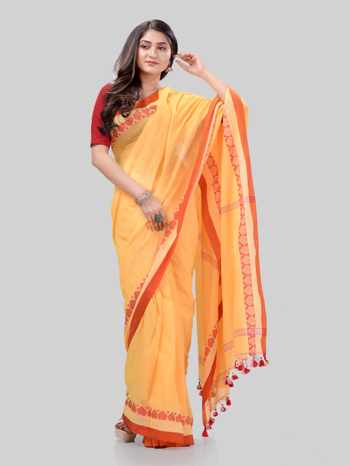 Women's Traditional Bengali Tant Handloom Yellow Cotton Saree - Piyari Fashion