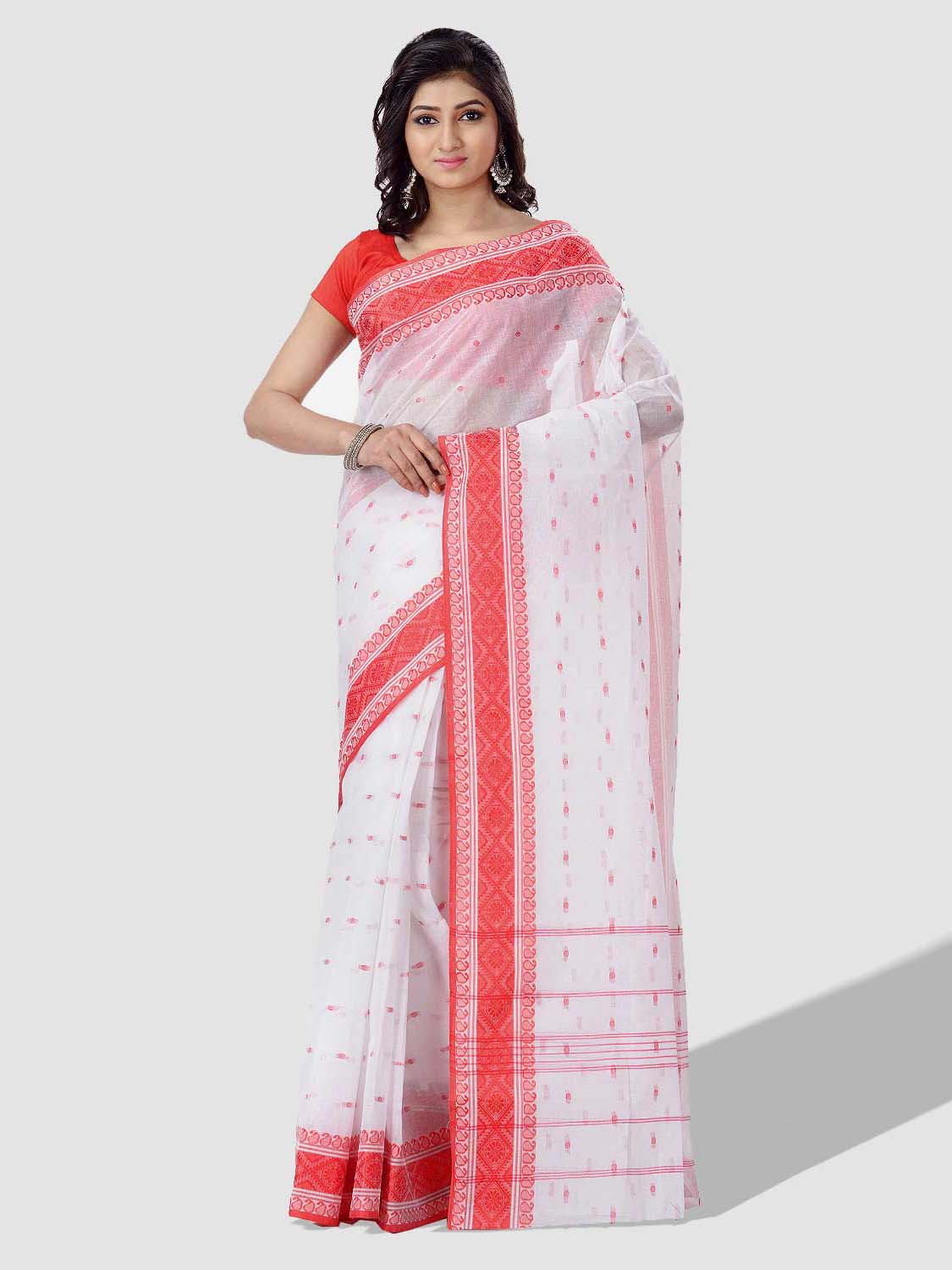 Women's Cotton White Tant Saree - Piyari Fashion
