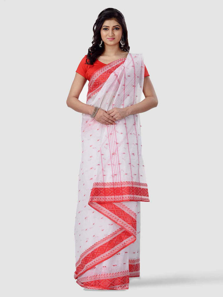 Women's Cotton White Tant Saree