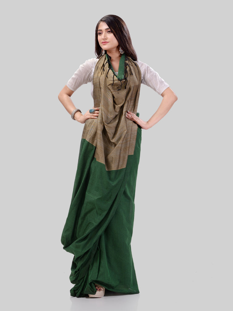 Women's Cotton Green Handloom Rupsagar Design Saree