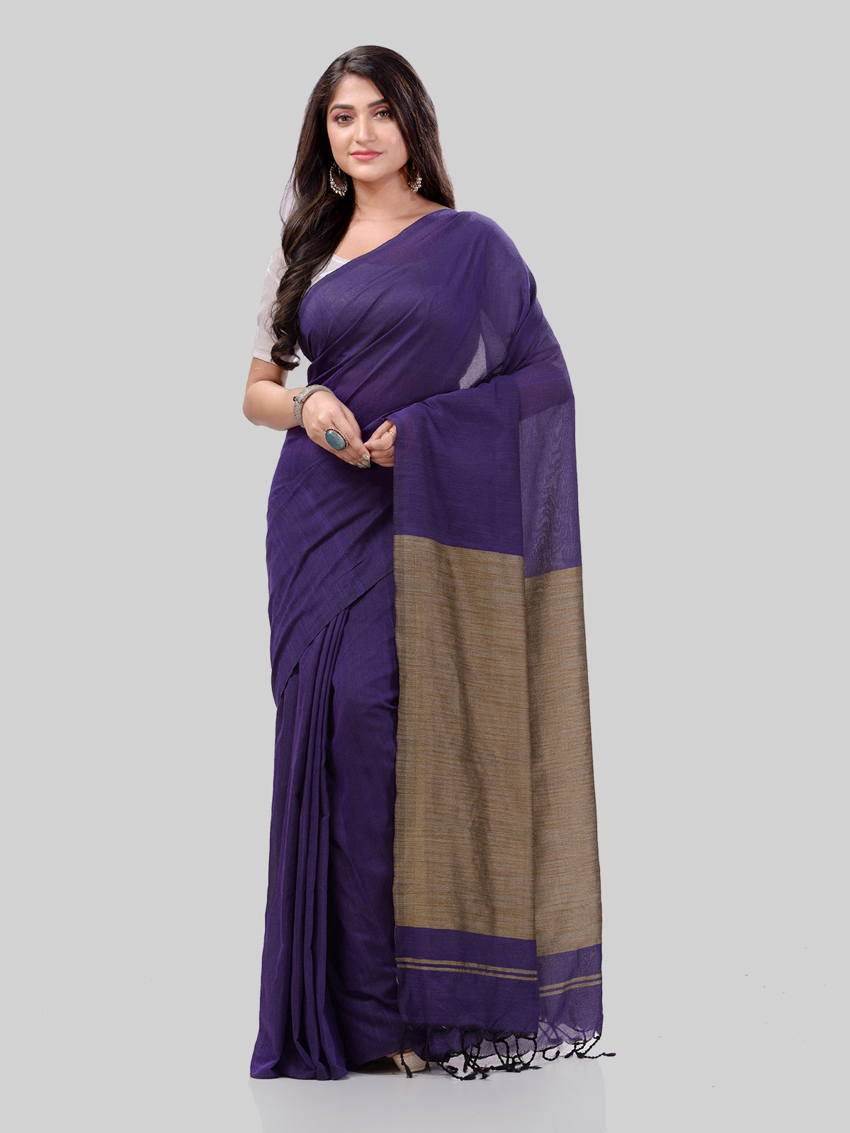 Women's Cotton Navy Blue Handloom Rupsagar Design Saree