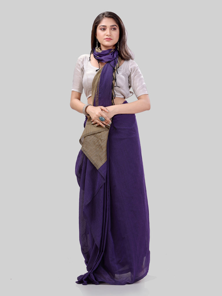 Women's Cotton Navy Blue Handloom Rupsagar Design Saree