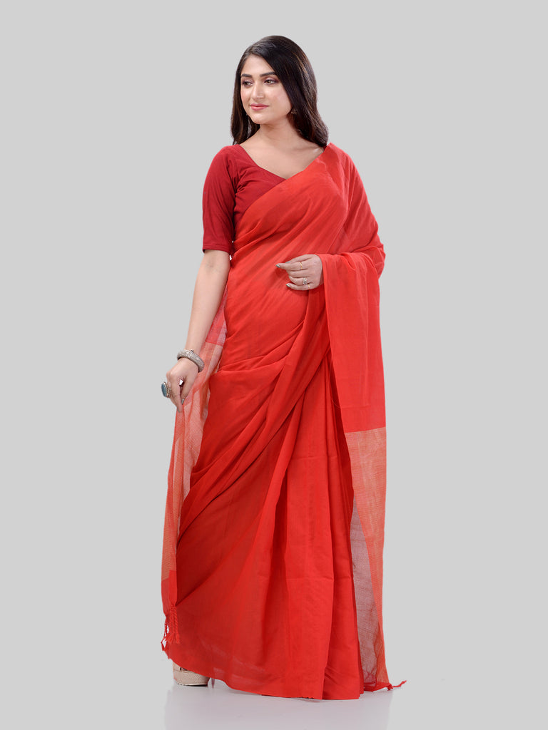 Women's Cotton Red Handloom Rupsagar Design Saree