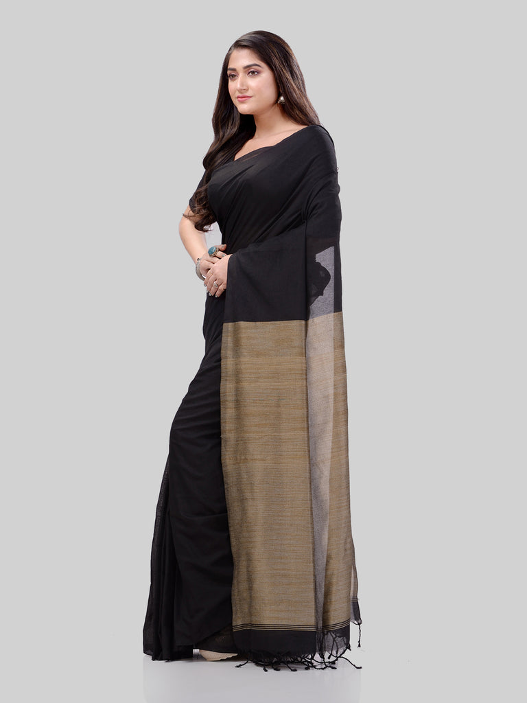 Women's Cotton Black Handloom Rupsagar Design Saree