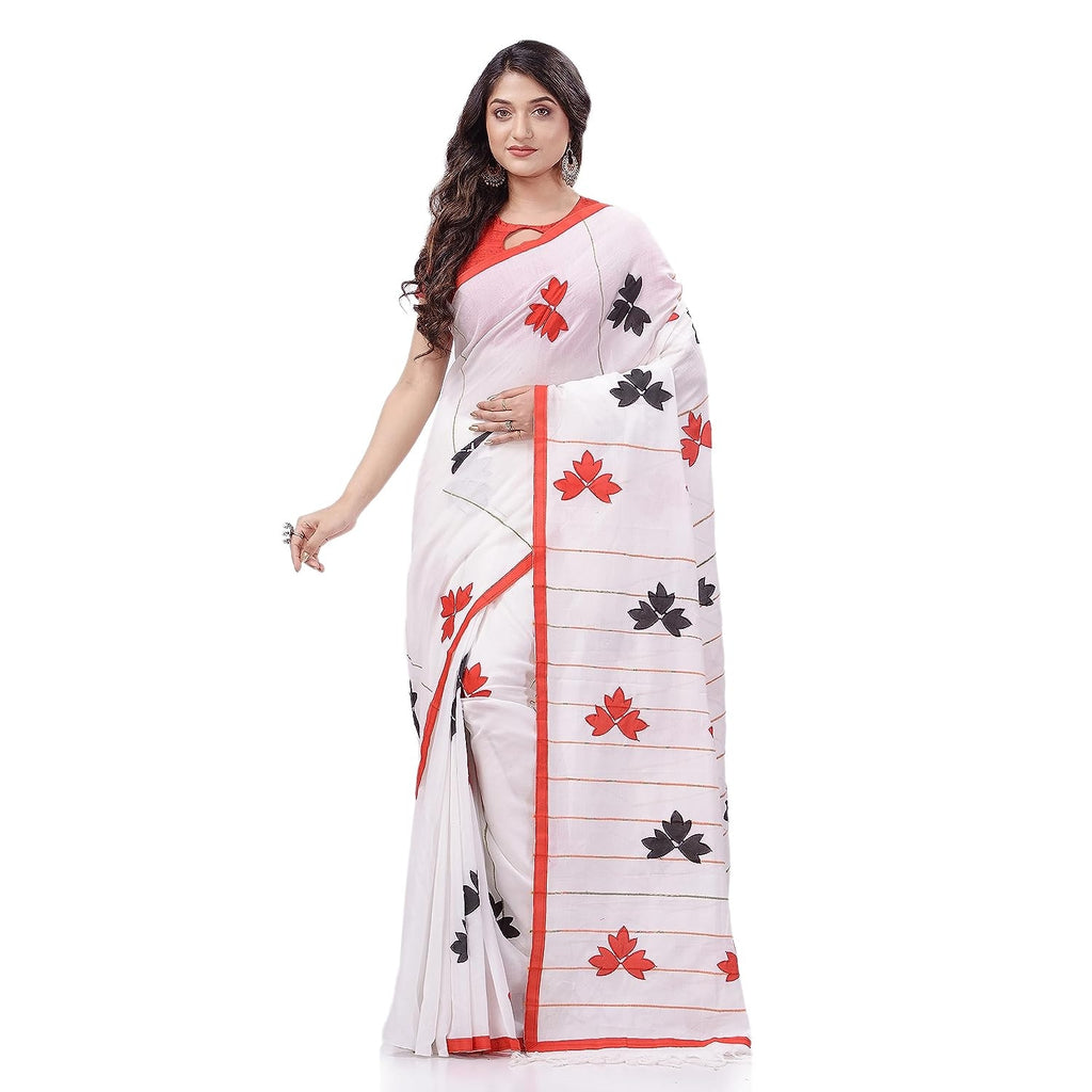 Women's Bengali Khesh Cotton Handloom Saree Tri Flower Designed With Blouse Piece