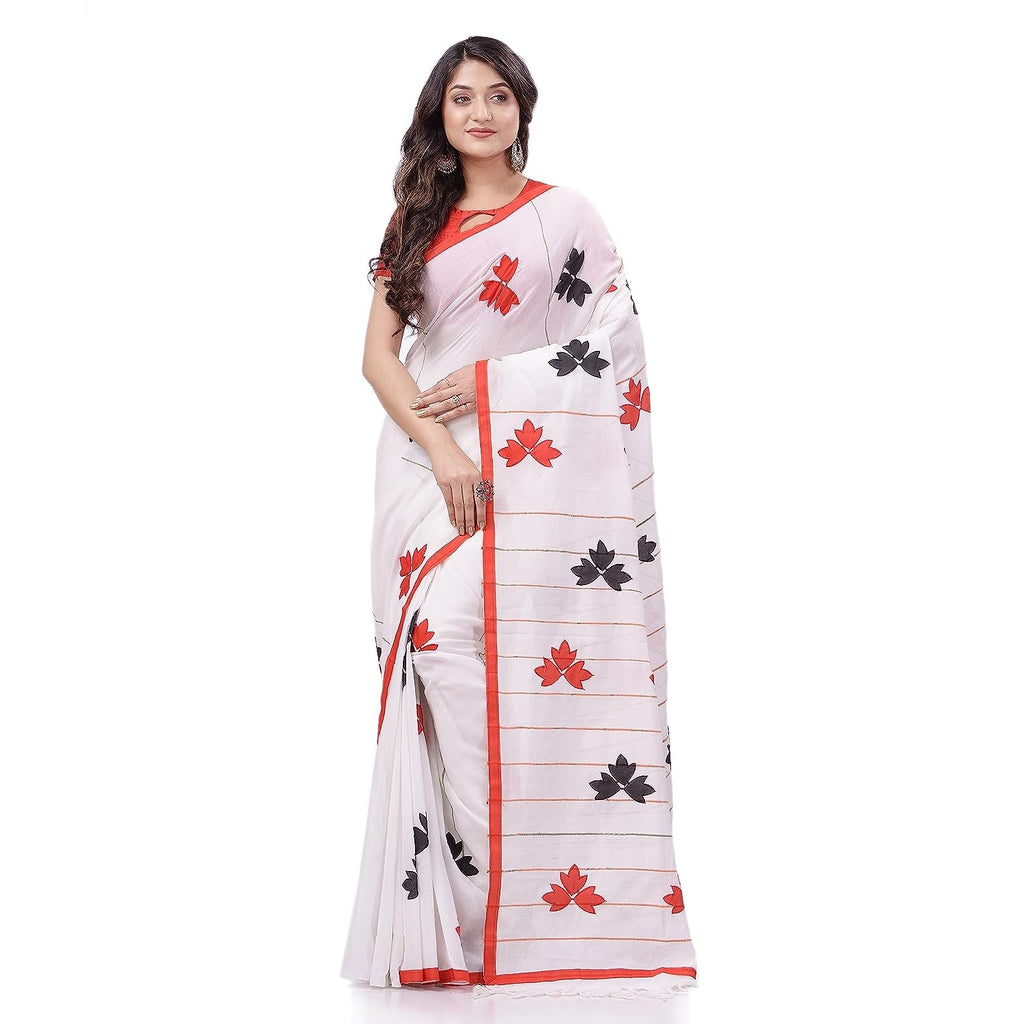 Women's Bengali Khesh Cotton Handloom Saree Tri Flower Designed With Blouse Piece