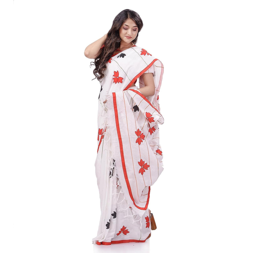 Women's Bengali Khesh Cotton Handloom Saree Tri Flower Designed With Blouse Piece