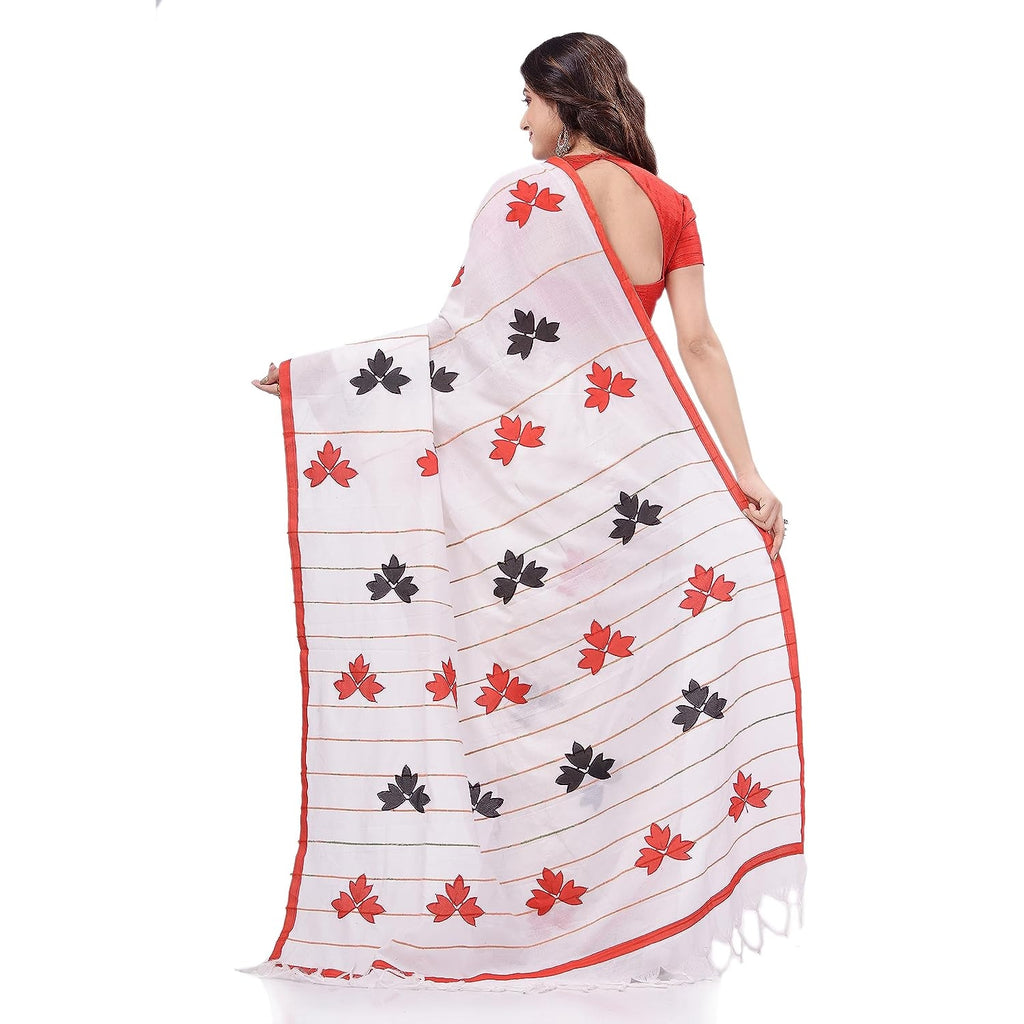 Women's Bengali Khesh Cotton Handloom Saree Tri Flower Designed With Blouse Piece