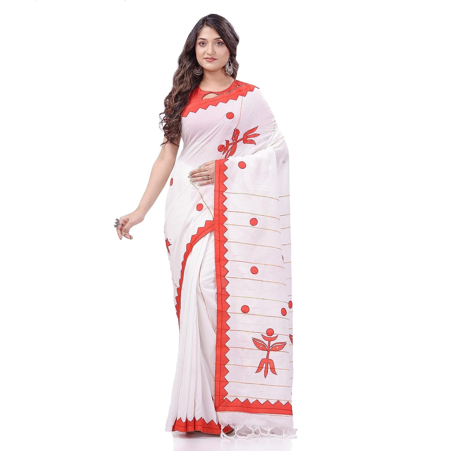 Women's Bengali Khesh Pure Cotton Handloom Saree Trinayani Durga Designed With Blouse Piece - Piyari Fashion