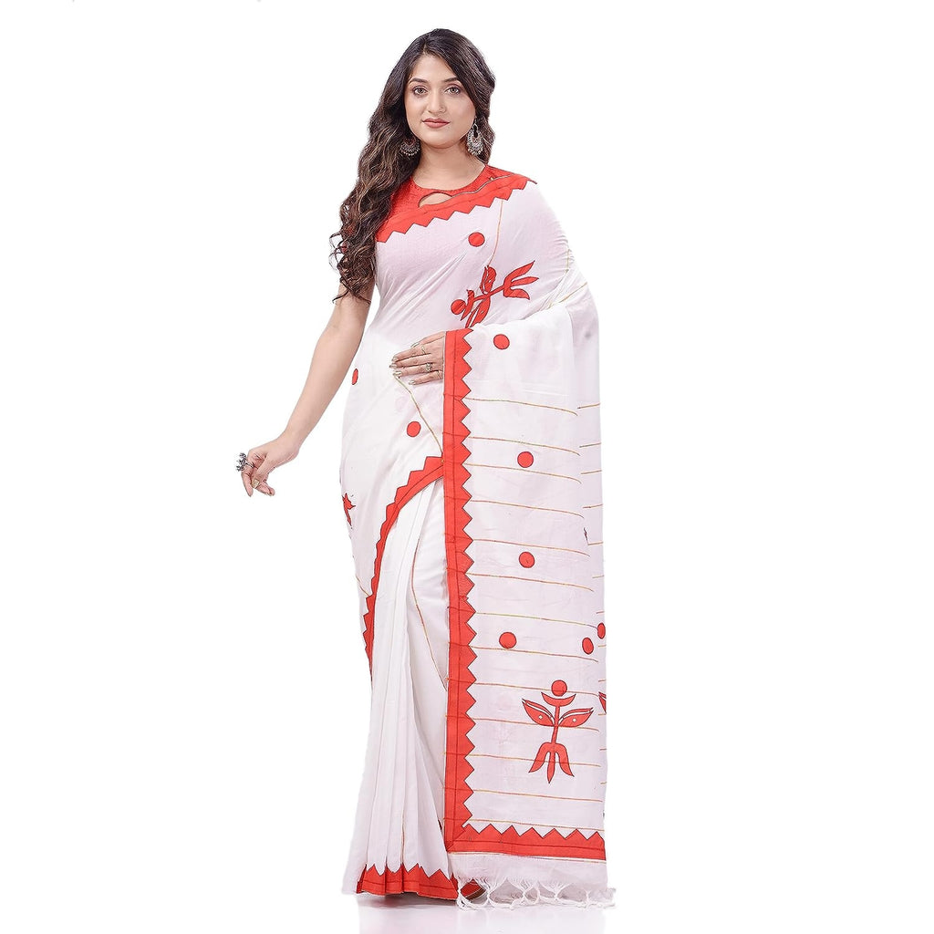 Women's Bengali Khesh Cotton Handloom Saree Trinayani Durga Designed With Blouse Piece