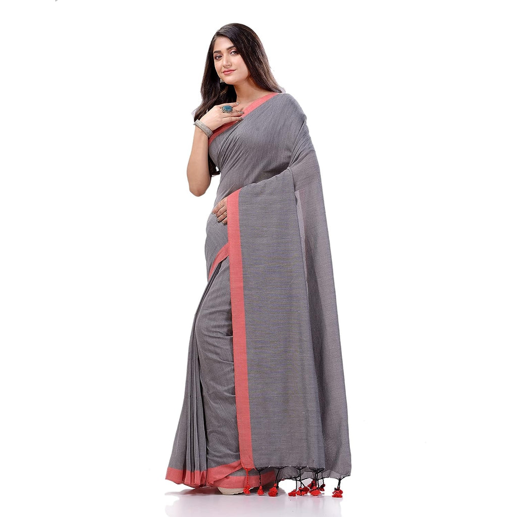 Women's Silver Grey Handspun Cotton Handloom Saree