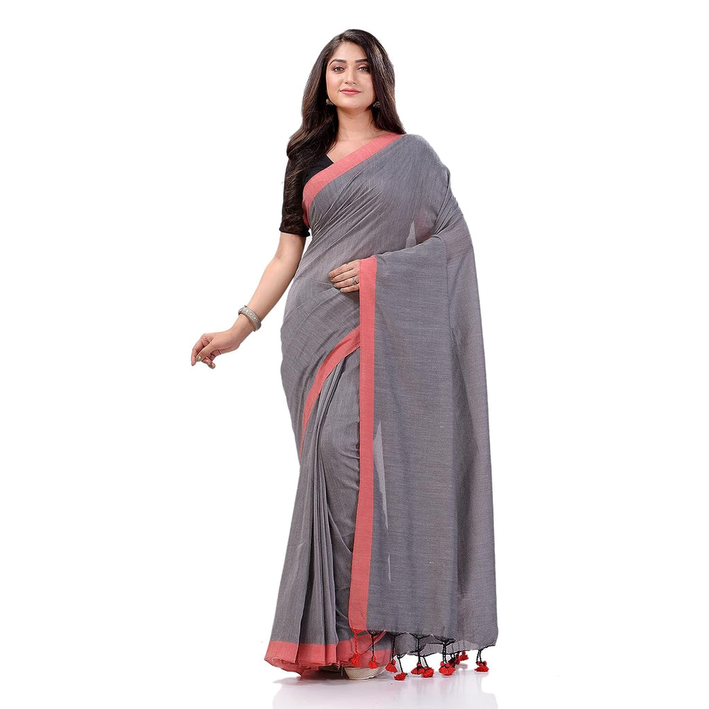 Women's Silver Grey Handspun Cotton Handloom Saree