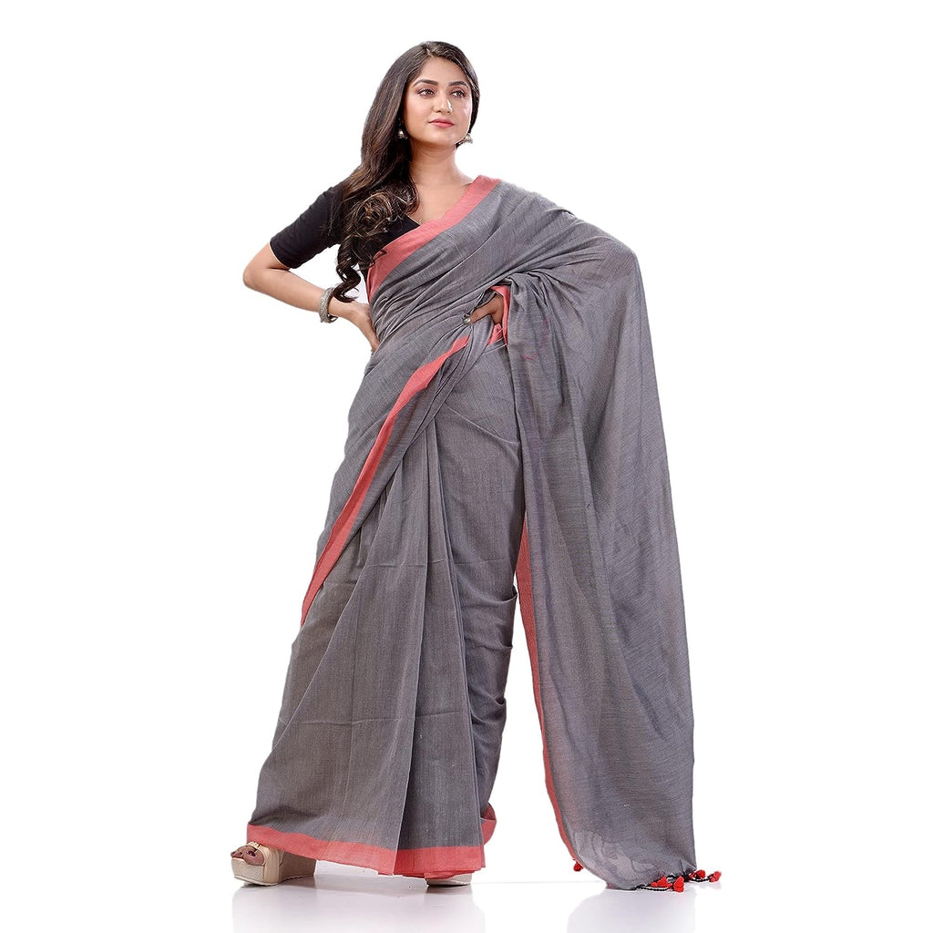 Women's Silver Grey Handspun Cotton Handloom Saree