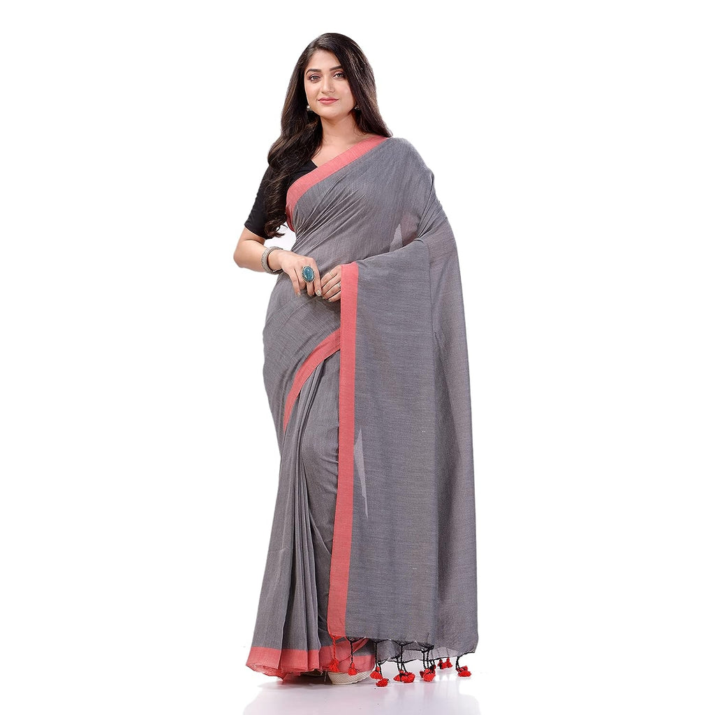Women's Silver Grey Handspun Cotton Handloom Saree