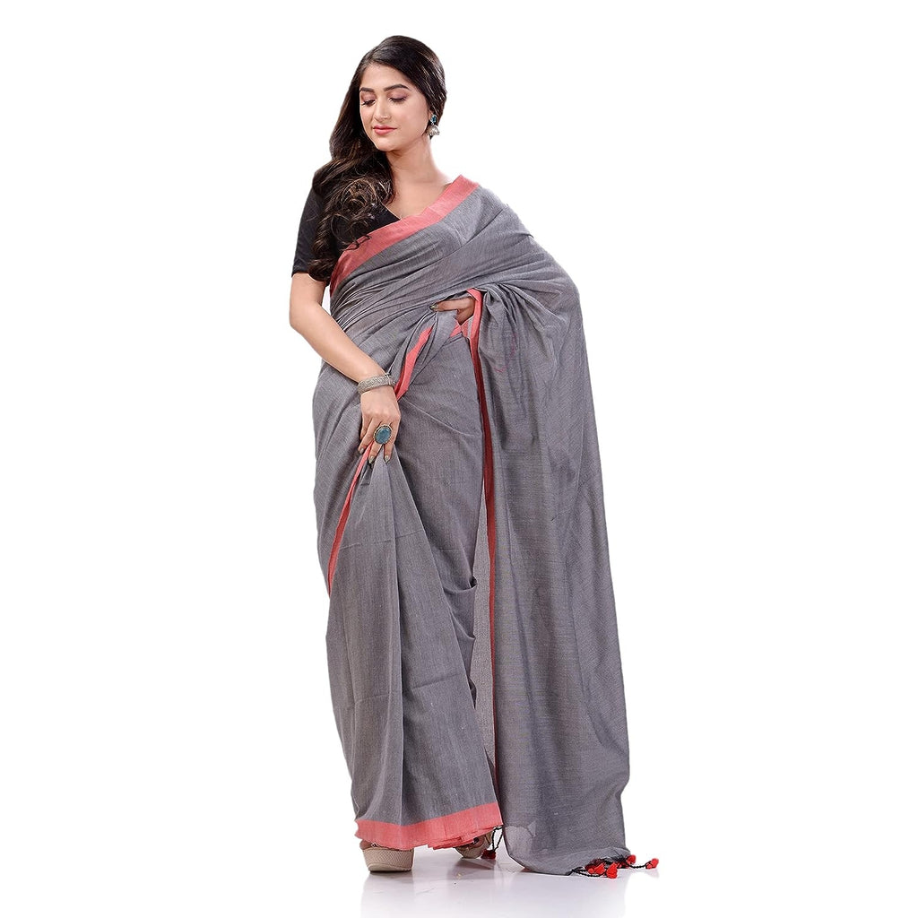 Women's Silver Grey Handspun Cotton Handloom Saree