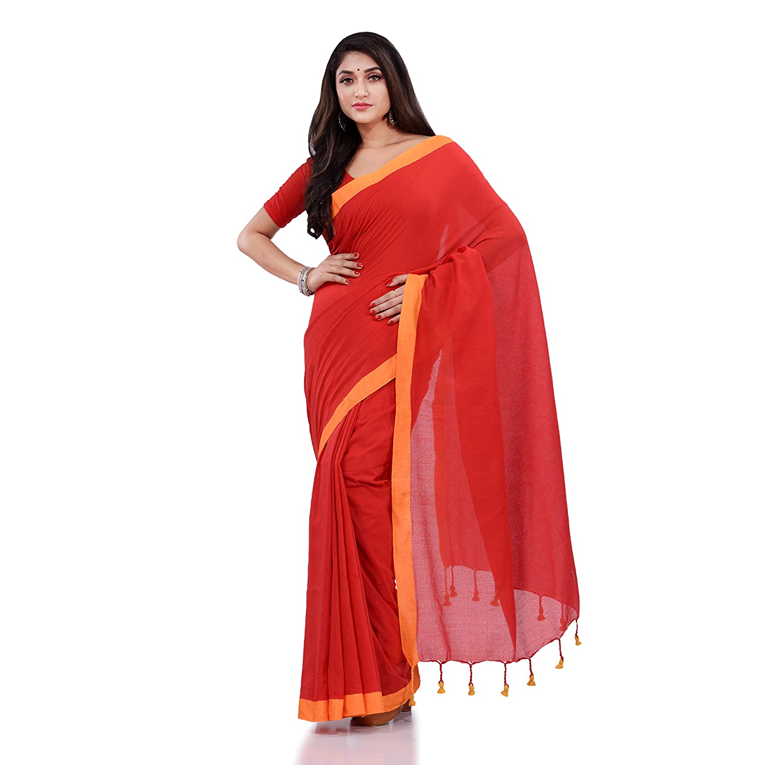 Women's Red Handspun Cotton Handloom Saree - Piyari Fashion