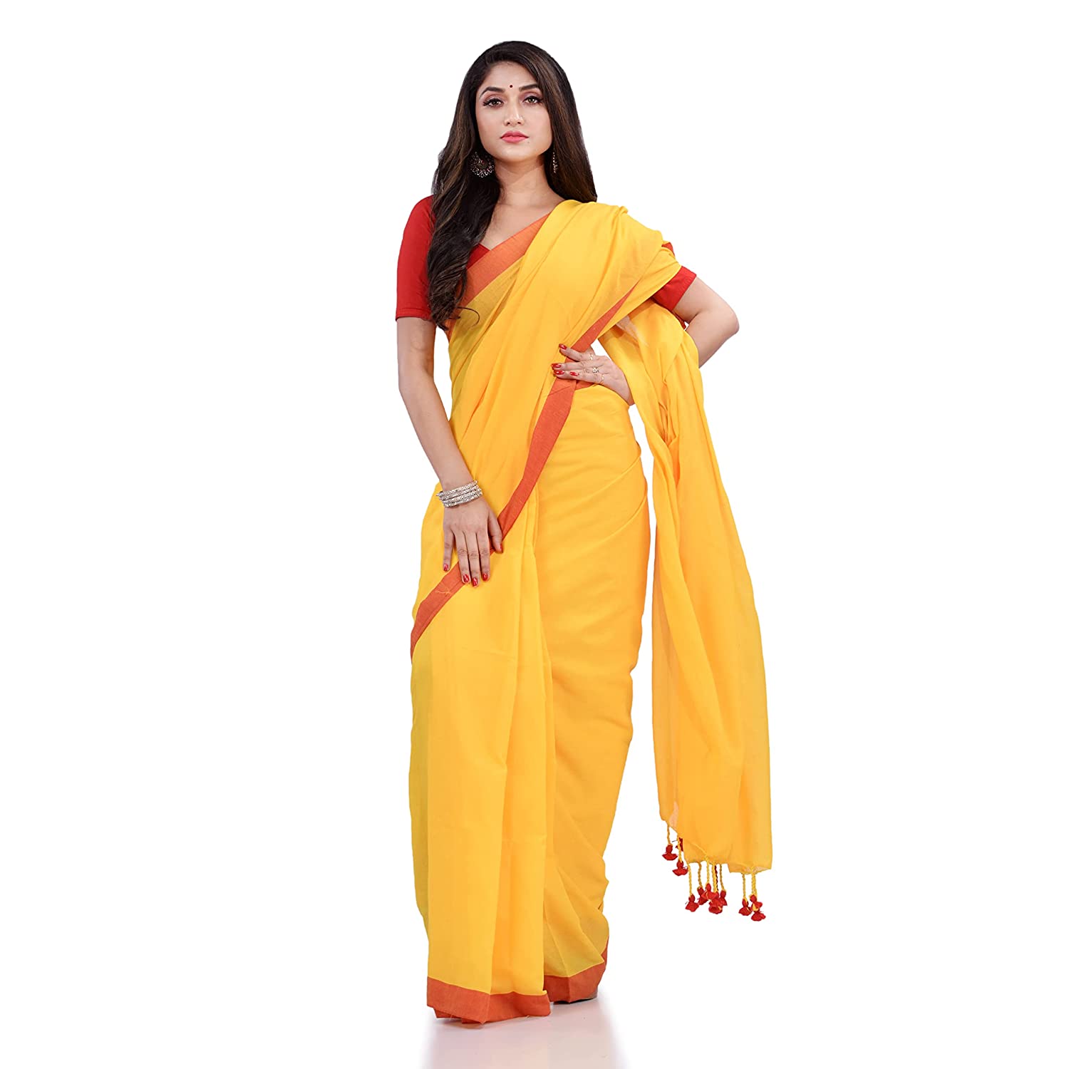 Women's Yellow Handspun Cotton Handloom Saree - Piyari Fashion