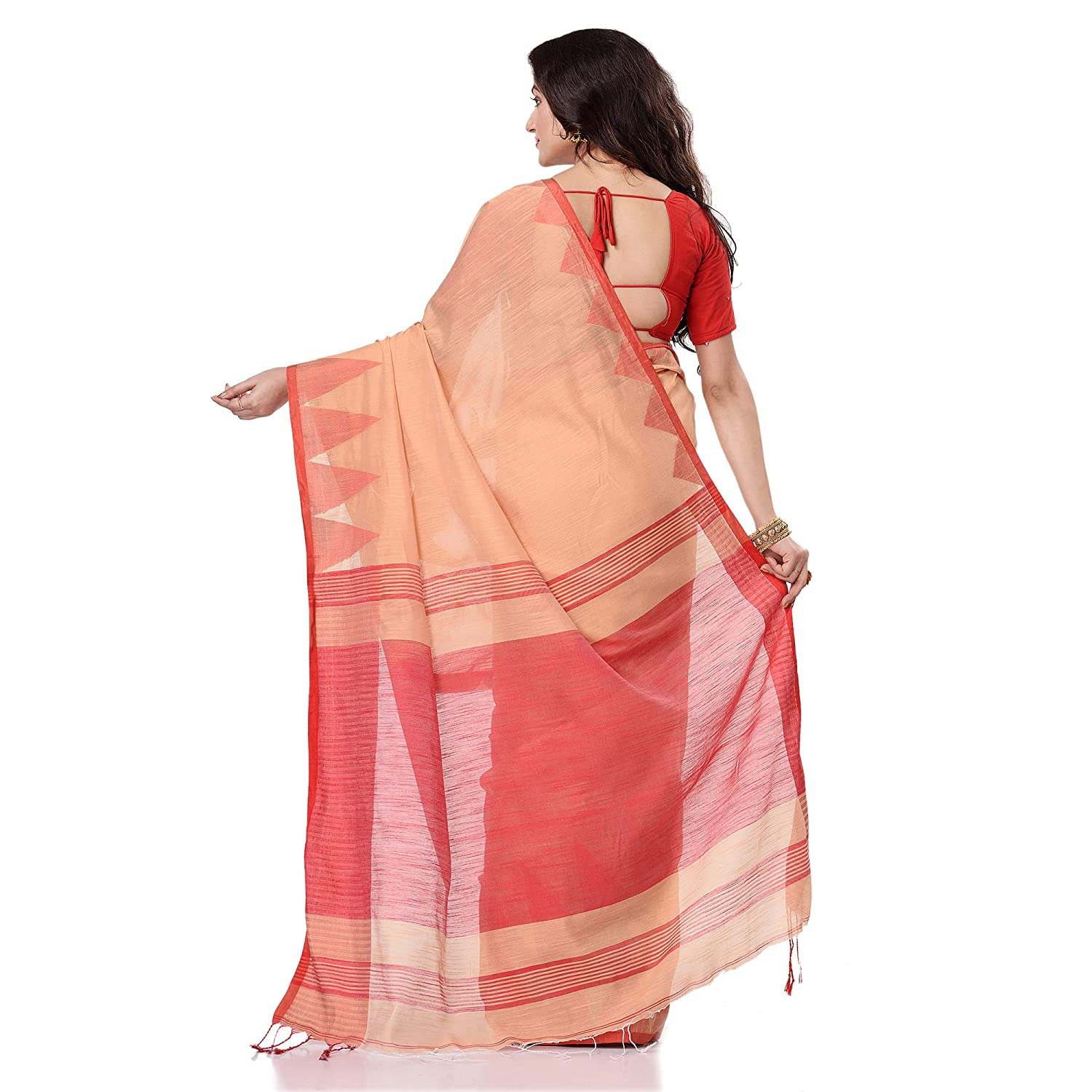 Women's Cotton Blend Beige Handloom Saree - Piyari Fashion