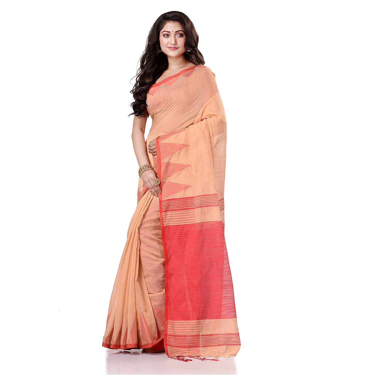 Women's Cotton Blend Beige Handloom Saree - Piyari Fashion
